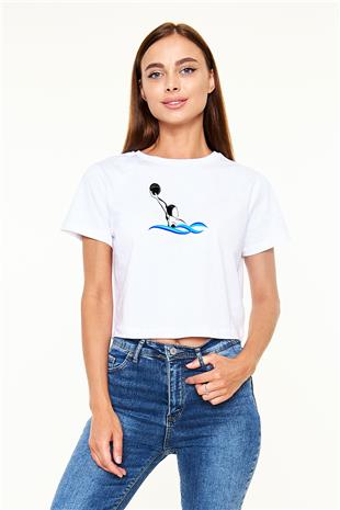 Su Topu Baskılı Crop Top Beyaz Tişört - T-shirt