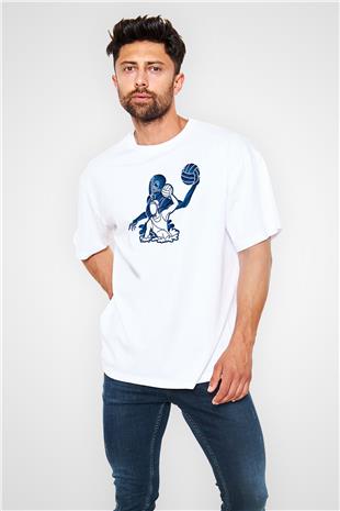 Su Topu Baskılı Unisex Beyaz Oversize Tişört - Tshirt