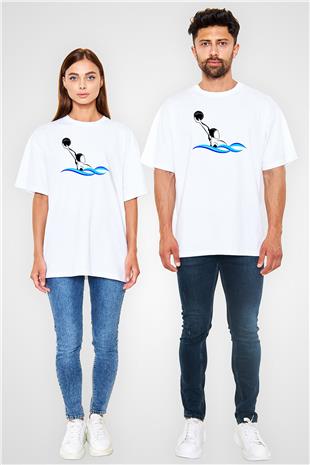 Su Topu Baskılı Unisex Beyaz Oversize Tişört - Tshirt