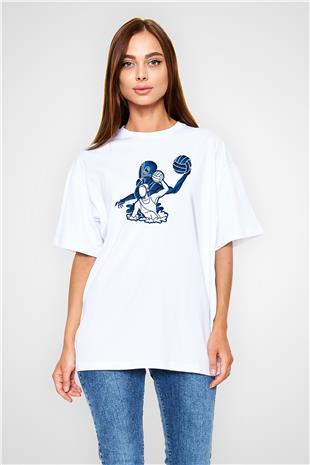 Su Topu Baskılı Unisex Beyaz Oversize Tişört - Tshirt