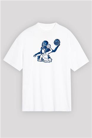 Su Topu Baskılı Unisex Beyaz Oversize Tişört - Tshirt