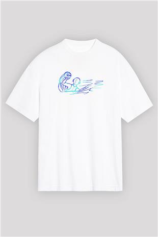 Su Topu Baskılı Unisex Beyaz Oversize Tişört - Tshirt