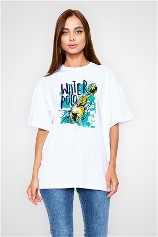 Su Topu Baskılı Unisex Beyaz Oversize Tişört - Tshirt