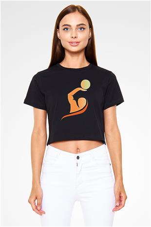 Su Topu - Water Polo Baskılı Crop Top Siyah Kadın Tişört - Tshirt
