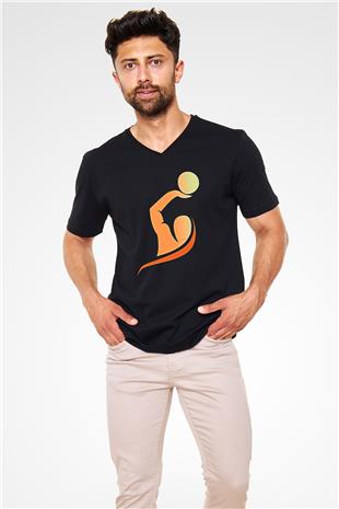 Su Topu - Water Polo Baskılı Unisex Siyah V Yaka Tişört