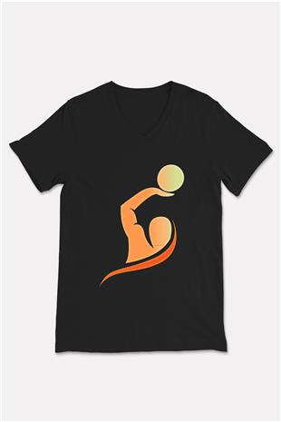 Su Topu - Water Polo Baskılı Unisex Siyah V Yaka Tişört