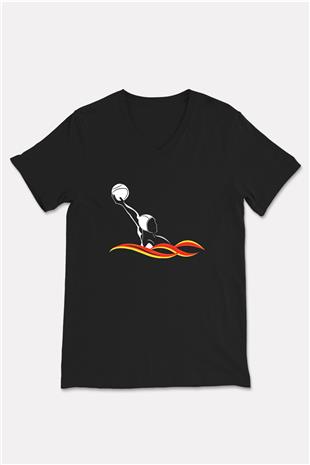 Su Topu - Water Polo Baskılı Unisex Siyah V Yaka Tişört