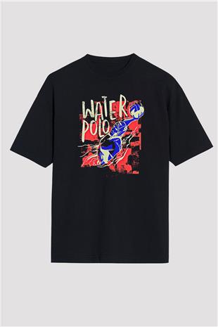 Su Topu - Water Polo Baskılı Unisex Siyah Oversize Tişört