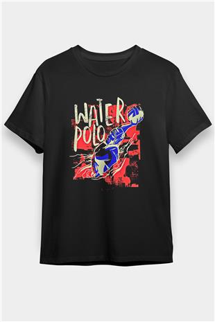Su Topu - Water Polo Baskılı Unisex Siyah Tişört - Tshirt