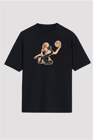 Su Topu - Water Polo Baskılı Unisex Siyah Oversize Tişört