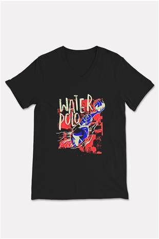 Su Topu - Water Polo Baskılı Unisex Siyah V Yaka Tişört