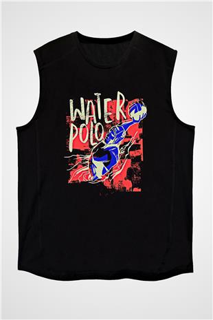 Su Topu - Water Polo Baskılı Unisex Siyah Kolsuz Tişört