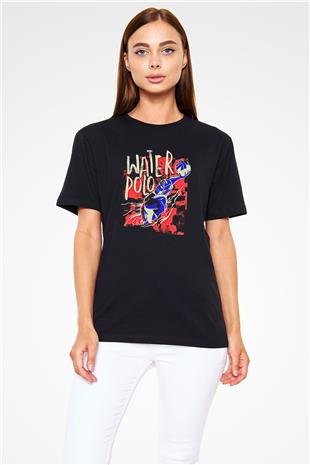 Su Topu - Water Polo Baskılı Unisex Siyah Tişört - Tshirt