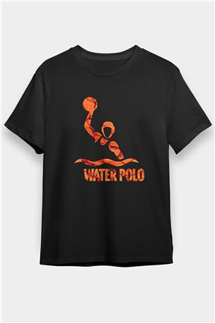 Su Topu - Water Polo Baskılı Unisex Siyah Tişört - Tshirt