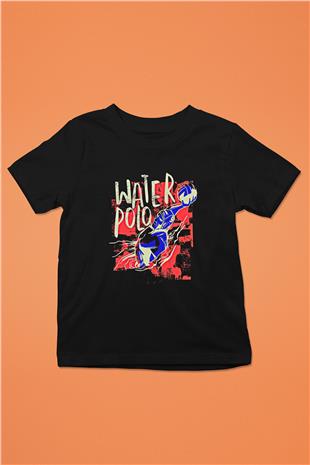 Su Topu - Water Polo Baskılı Unisex Siyah Çocuk Tİşörtü - Tshirt