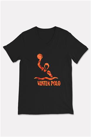 Su Topu - Water Polo Baskılı Unisex Siyah V Yaka Tişört