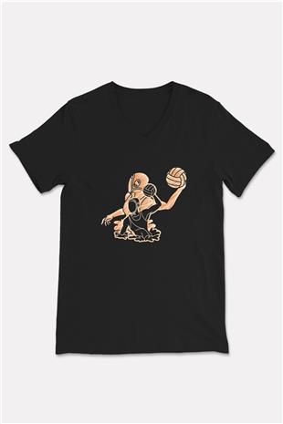Su Topu - Water Polo Baskılı Unisex Siyah V Yaka Tişört