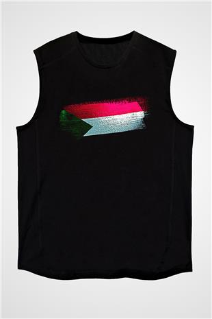 Sudan Bayrağı Baskılı Unisex Siyah Kolsuz Tişört