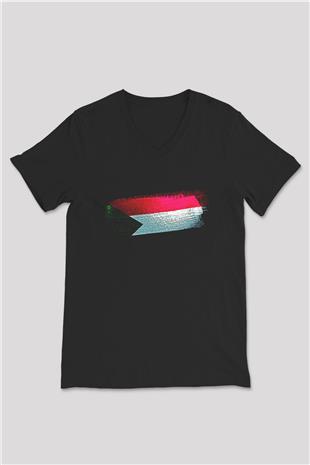 Sudan Bayrağı Baskılı Unisex Siyah V Yaka Tişört