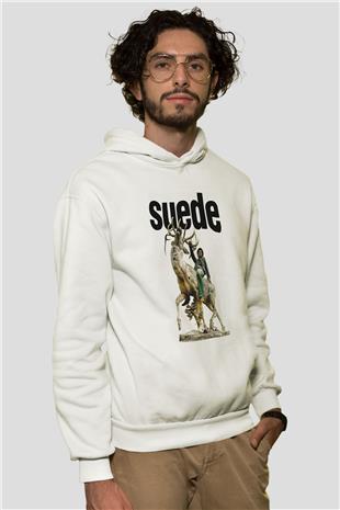 Suede Baskılı Beyaz Unisex Kapüşonlu Sweatshirt