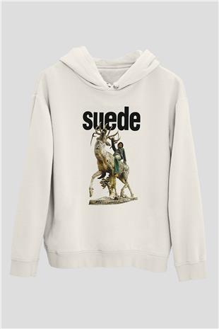 Suede Baskılı Beyaz Unisex Kapüşonlu Sweatshirt