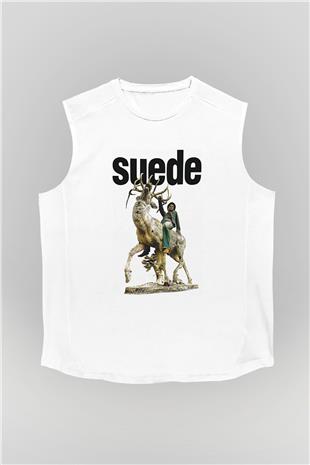 Suede Baskılı Beyaz Unisex Kolsuz Tişört - Tshirt