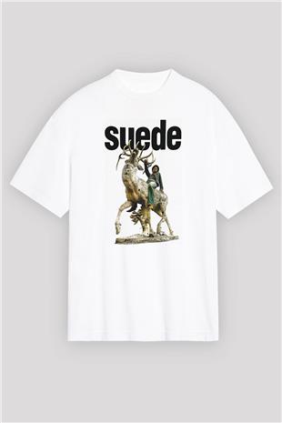Suede Baskılı Beyaz Unisex Oversize Tişört - Tshirt