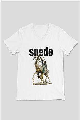 Suede Baskılı Beyaz Unisex V Yaka Tişört - Tshirt