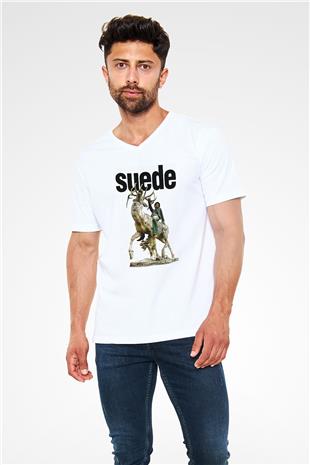 Suede Baskılı Beyaz Unisex V Yaka Tişört - Tshirt