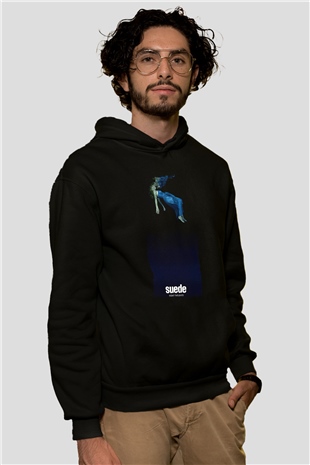 Suede Baskılı Unisex Siyah Kapüşonlu Sweatshirt