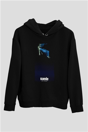 Suede Baskılı Unisex Siyah Kapüşonlu Sweatshirt
