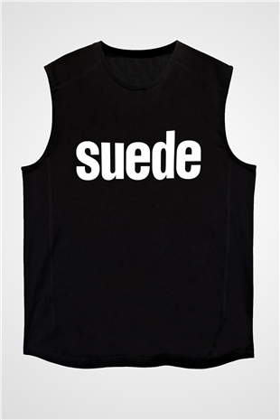 Suede Baskılı Unisex Siyah Kolsuz Tişört - Tshirt