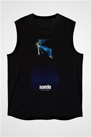 Suede Baskılı Unisex Siyah Kolsuz Tişört - Tshirt