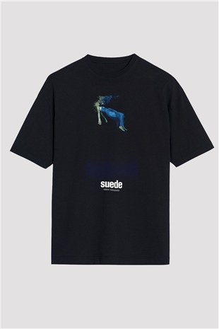 Suede Baskılı Unisex Siyah Oversize Tişört - Tshirt