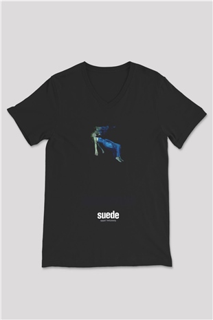 Suede Baskılı Unisex Siyah V Yaka Tişört - Tshirt