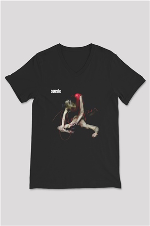 Suede Baskılı Unisex Siyah V Yaka Tişört - Tshirt