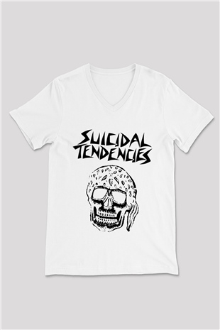 Suicidal Tendencies Beyaz Unisex V Yaka Tişört T-Shirt - V Yaka Tişört Fabrikası