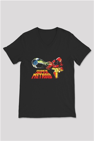 Super Metroid Cartridge Art Siyah Unisex  V Yaka Tişört