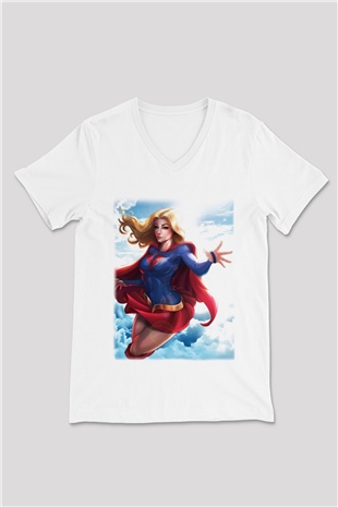 Supergirl Beyaz Unisex V Yaka Tişört T-Shirt