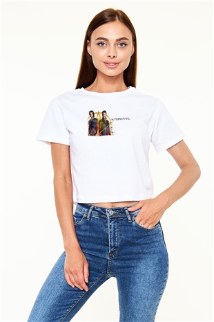 Supernatural Baskılı Beyaz Crop Top Kadın Tişört - Tshirt