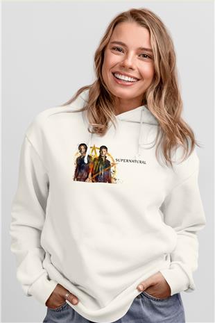 Supernatural Baskılı Beyaz Unisex Hoodie