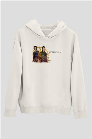 Supernatural Baskılı Beyaz Unisex Hoodie