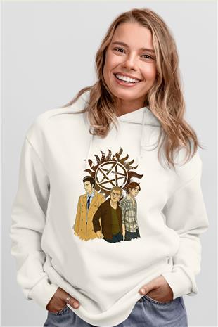 Supernatural Baskılı Beyaz Unisex Hoodie