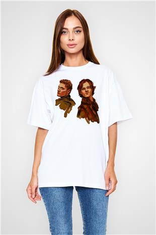 Supernatural Baskılı Beyaz Unisex Oversize Tişört - Tshirt
