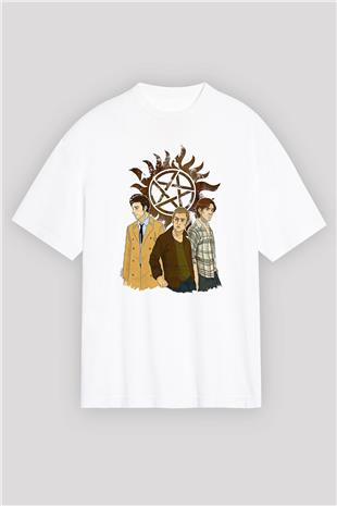 Supernatural Baskılı Beyaz Unisex Oversize Tişört - Tshirt