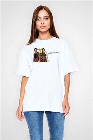 Supernatural Baskılı Beyaz Unisex Oversize Tişört - Tshirt