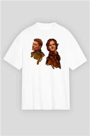 Supernatural Baskılı Beyaz Unisex Oversize Tişört - Tshirt