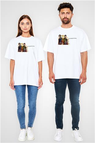 Supernatural Baskılı Beyaz Unisex Oversize Tişört - Tshirt