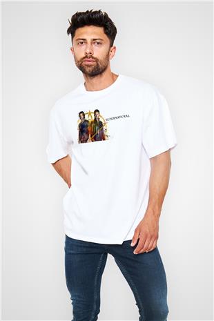 Supernatural Baskılı Beyaz Unisex Oversize Tişört - Tshirt