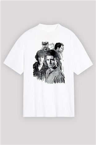 Supernatural Baskılı Beyaz Unisex Oversize Tişört - Tshirt